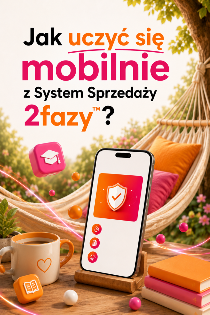 Jak korzystać z aplikacji WebToLearn Go? Grafika promocyjna przedstawiająca smartfon na drewnianej podstawce na tle letniego ogrodu z hamakiem. Na górze widnieje duży napis: "Jak uczyć się mobilnie z System Sprzedaży 2fazy™?". Wokół telefonu znajdują się edukacyjne ikony 3D (czapka absolwenta, książka), kubek z kawą i ułożone w stos książki, co symbolizuje elastyczny e-learning.