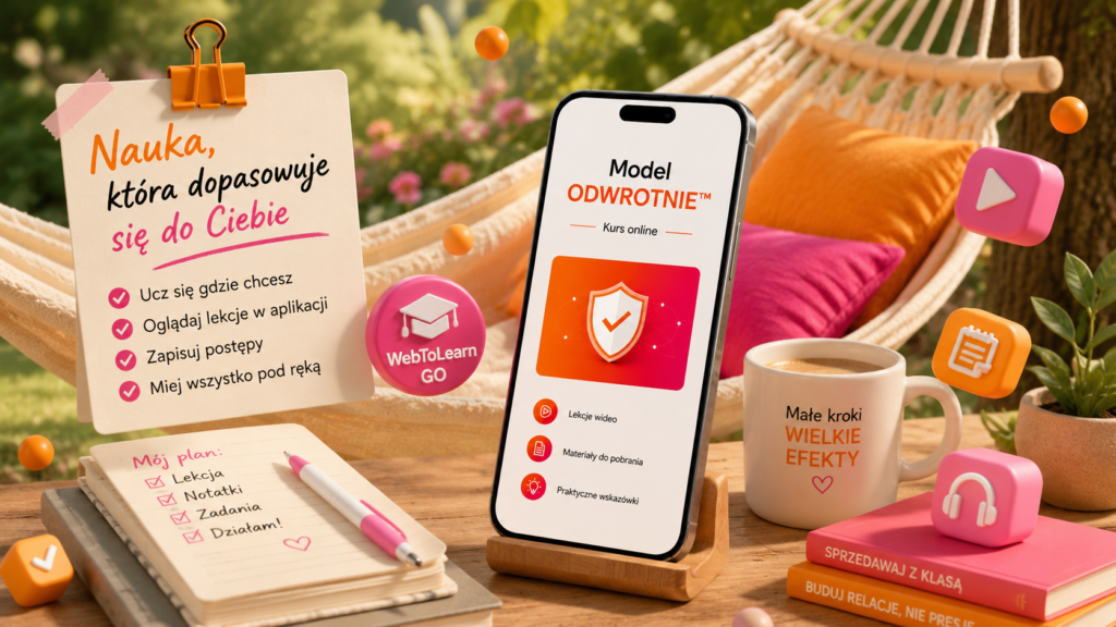 Kompozycja na drewnianym stole na tle ogrodu, promująca elastyczną naukę online. Widoczny jest smartfon z ekranem tytułowym "Model ODWROTNIE™ Kurs online", obok niego przypięta kartka z hasłem "Nauka, która dopasowuje się do Ciebie" i listą zalet aplikacji. Dopełnieniem są: notatnik z zapisanym planem, kubek z napisem "Małe kroki WIELKIE EFEKTY", przypinka "WebToLearn GO", książki biznesowe oraz latające ikony 3D oznaczające multimedia.