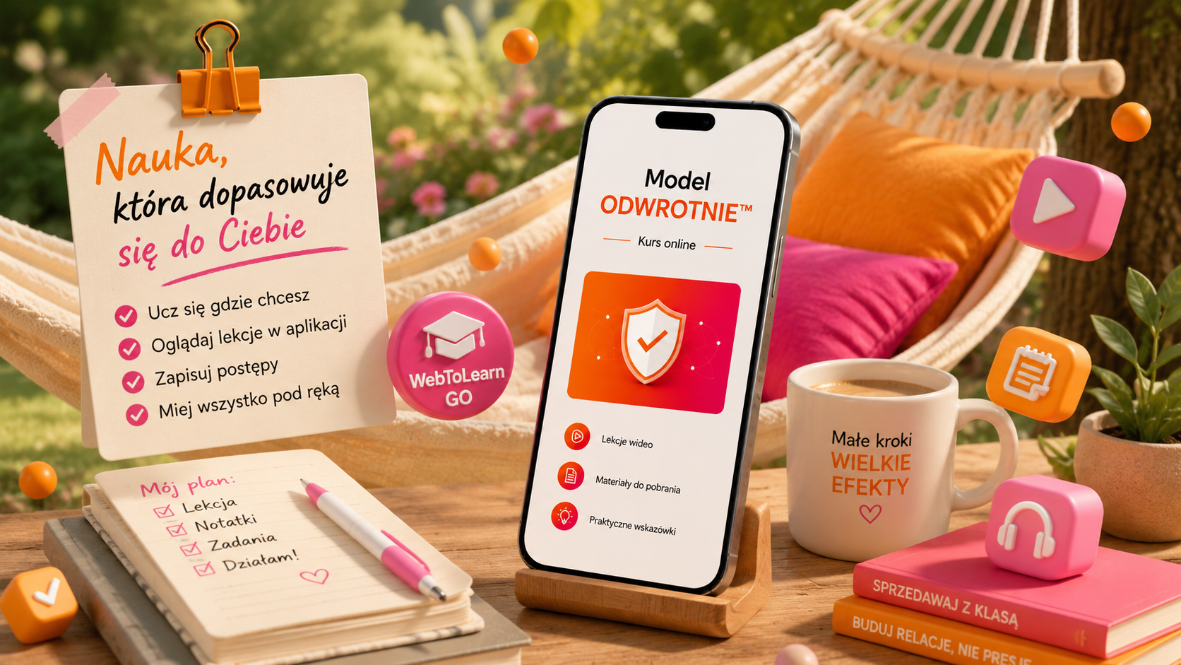 Kompozycja na drewnianym stole na tle ogrodu, promująca elastyczną naukę online. Widoczny jest smartfon z ekranem tytułowym "Model ODWROTNIE™ Kurs online", obok niego przypięta kartka z hasłem "Nauka, która dopasowuje się do Ciebie" i listą zalet aplikacji. Dopełnieniem są: notatnik z zapisanym planem, kubek z napisem "Małe kroki WIELKIE EFEKTY", przypinka "WebToLearn GO", książki biznesowe oraz latające ikony 3D oznaczające multimedia.