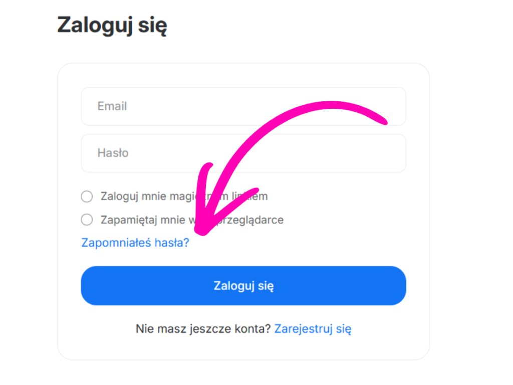 Zrzut ekranu okna logowania na platformie WebToLearn z nagłówkiem „Zaloguj się”. Widoczne są puste pola formularza na adres e-mail i hasło, opcje wyboru „Zaloguj mnie magicznym linkiem” i „Zapamiętaj mnie w przeglądarce” oraz niebieski przycisk „Zaloguj się”. Na dole znajduje się odnośnik „Zarejestruj się”. Duża, jaskraworóżowa strzałka rysowana cyfrowo wskazuje bezpośrednio na niebieski link tekstowy „Zapomniałeś hasła?”.