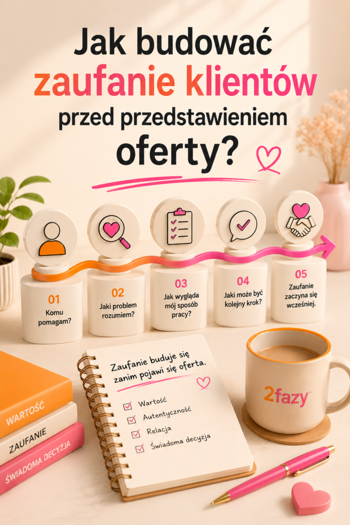 Grafika edukacyjna w formacie pionowym zatytułowana „Jak budować zaufanie klientów przed przedstawieniem oferty?”. Ilustracja przedstawia pięciostopniowy proces budowania relacji z klientem, reprezentowany przez drewniane klocki z ikonami i numeracją. W dolnej części znajduje się notatnik z wypunktowanymi wartościami: Wartość, Autentyczność, Relacja, Świadoma decyzja oraz stos książek z napisami: Wartość, Zaufanie, Świadoma decyzja.