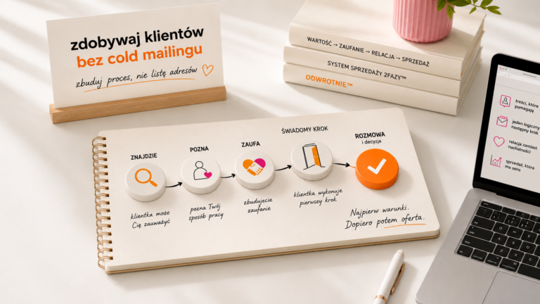 Pozioma infografika pokazująca schemat budowania relacji z klientem na kartach notatnika. Obok widać ekran laptopa z hasłem relacja zamiast nachalności oraz stos książek o Systemie Sprzedaży 2fazy™.