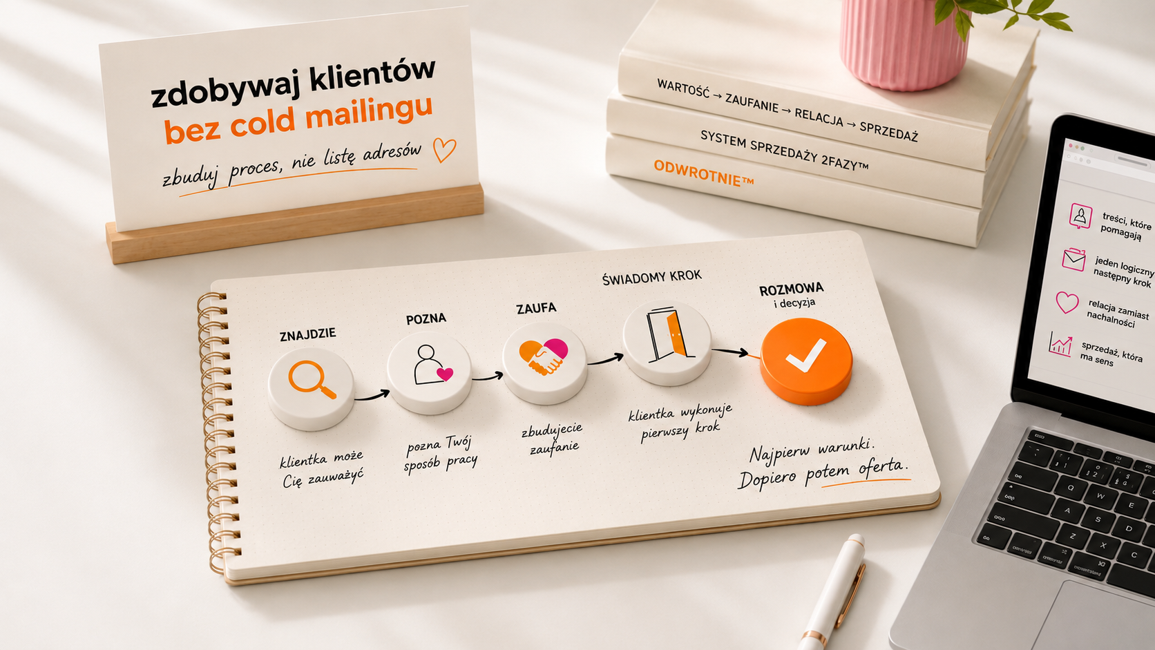 Pozioma infografika pokazująca schemat budowania relacji z klientem na kartach notatnika. Obok widać ekran laptopa z hasłem relacja zamiast nachalności oraz stos książek o Systemie Sprzedaży 2fazy™.
