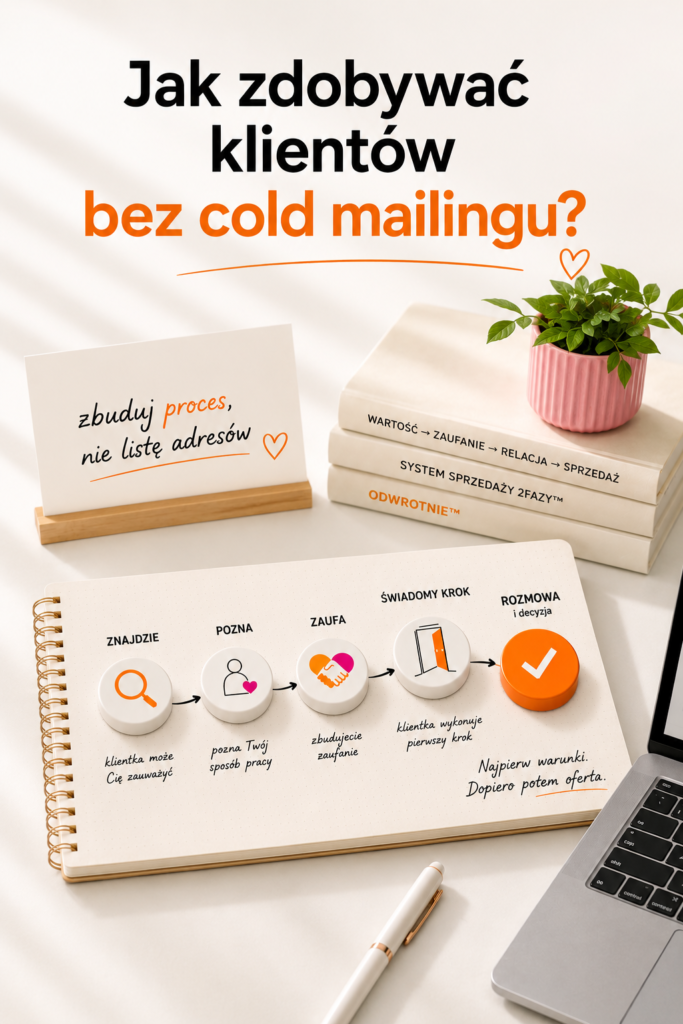 Pionowa infografika przedstawiająca 5 etapów pozyskiwania klientów: znajdzie, pozna, zaufa, świadomy krok oraz rozmowa i decyzja. Obok leżą książki z nazwami System Sprzedaży 2fazy™ oraz ODWROTNIE™. Jak zdobywać klientów bez cold mailingu? 3 kroki • 2fazy