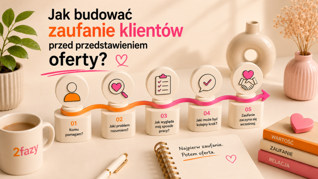 Grafika edukacyjna w formacie poziomym zatytułowana „Jak budować zaufanie klientów przed przedstawieniem oferty?”. Ilustracja ukazuje ścieżkę pięciu kroków z ikonami symbolizującymi etapy: poznanie klienta, zrozumienie problemu, opis procesu, kolejne kroki oraz budowanie zaufania. Na dole znajduje się notatnik z hasłem „Najpierw zaufanie. Potem oferta” oraz stos książek z etykietami: Wartość, Zaufanie, Relacja.