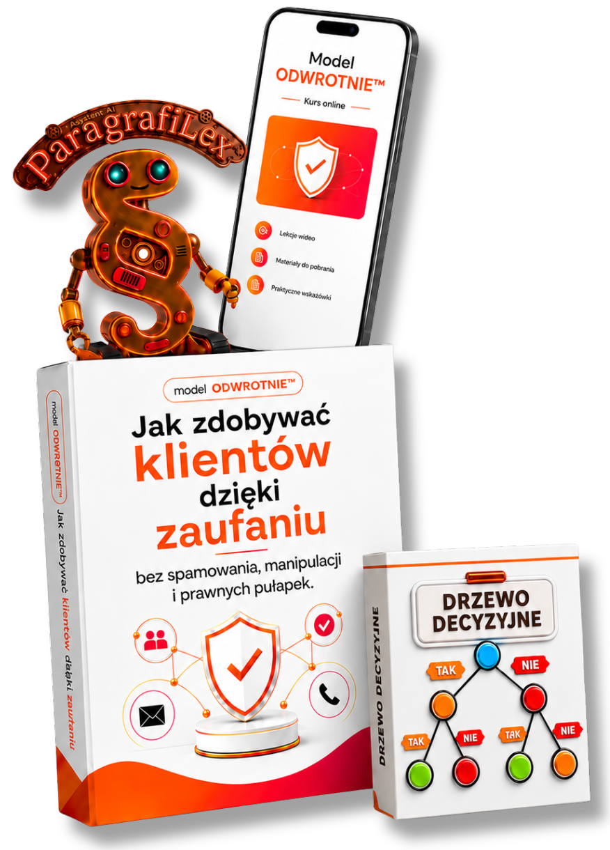 Zestaw szkoleniowy „Model ODWRÓTNIE™” promujący kurs online „Jak zdobywać klientów dzięki zaufaniu”, zawierający smartfon z interfejsem lekcji, planszę z drzewem decyzyjnym oraz animowanego robota-asystenta AI ParagrafiLex.